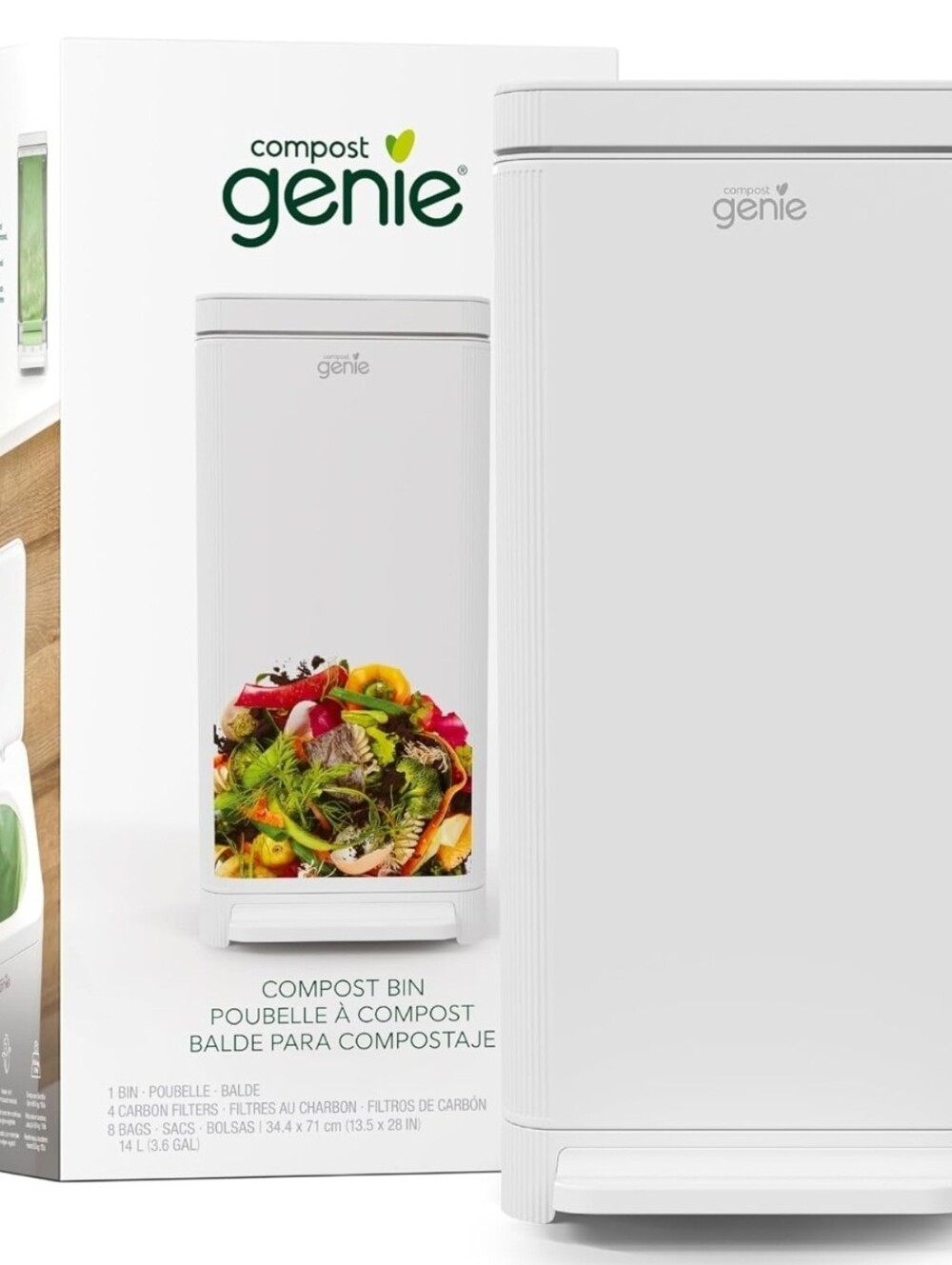 Compost Genie Kitchen Compost Bin, White Stainless-Steel Large, 3.6 Gallon, Indo